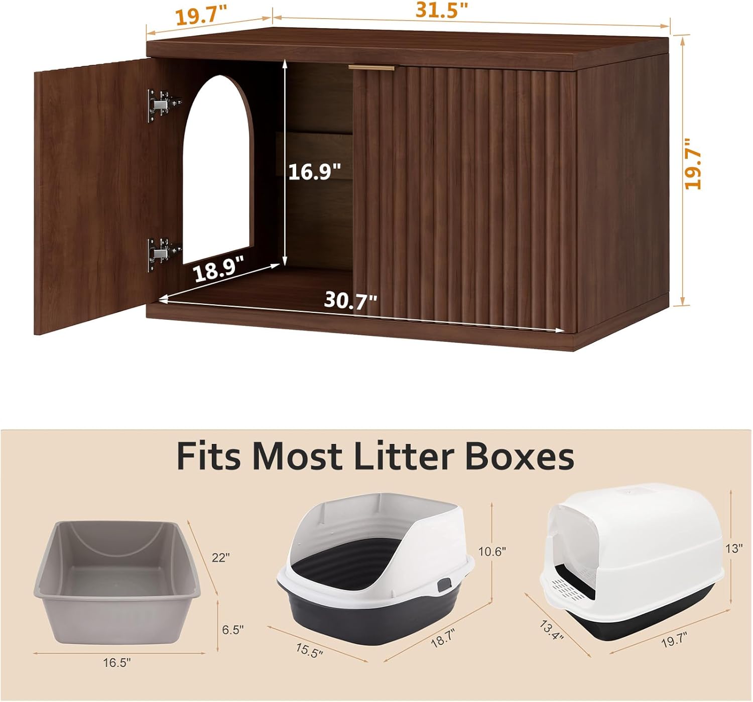 Homhedy Cat Litter Box Enclosure, Modern Fluted Accent Cat Washroom Furniture, Pet House, Fit Most of Litter Box, Reddish Brown