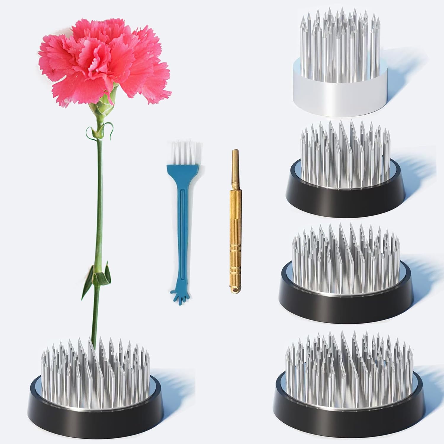 4PCS Stainless Floral Frogs Ikebana Stem Holder, Flower Frog Vase Fixed Pin Holder, Janpanese Round Floral Frogs Kenzans with Rubber Base for Flower Arrangement Sliver (0.91''/1.34''/1.57''/1.81'')