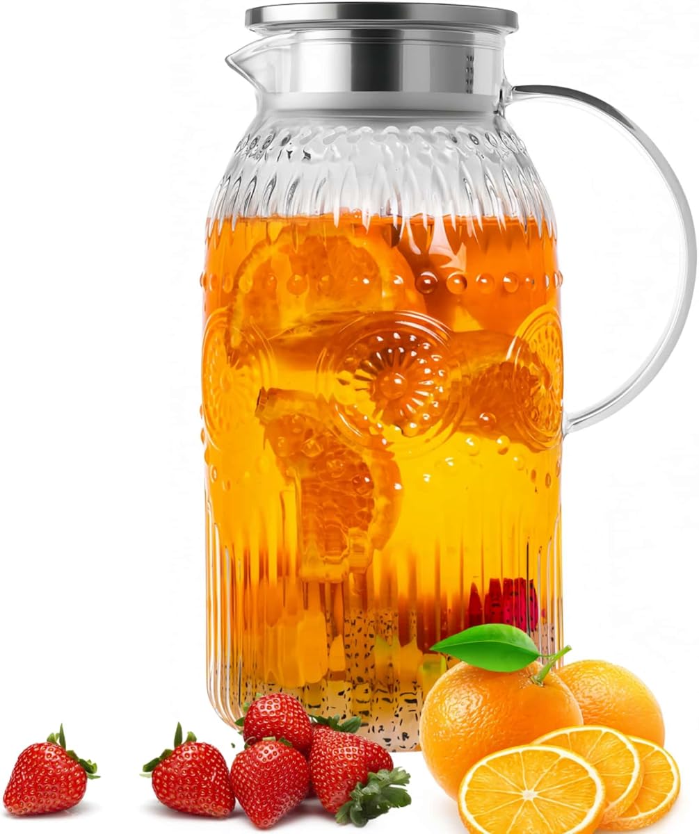 Vintage Glass Pitcher with Lid, Heat Resistant Borosilicate Water Jug, 68 oz/ 2 Liter Water Pitcher with Handle and Spout for Fridge, Carafe for Hot/Cold Coffee, Tea,Beverage 1Pack
