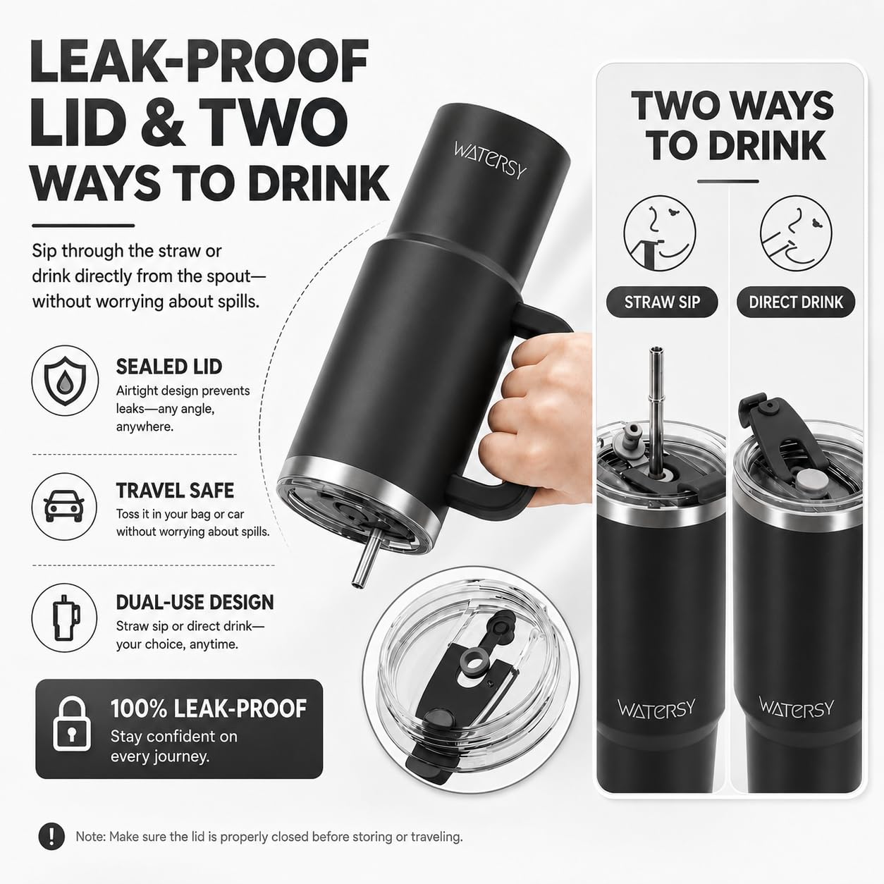 Watersy - Tazza termica con manico e cannuccia, a doppia parete in acciaio inox, mantiene il freddo per 34 ore, per tè, bevande fredde e caffè (tinta unita, nero)