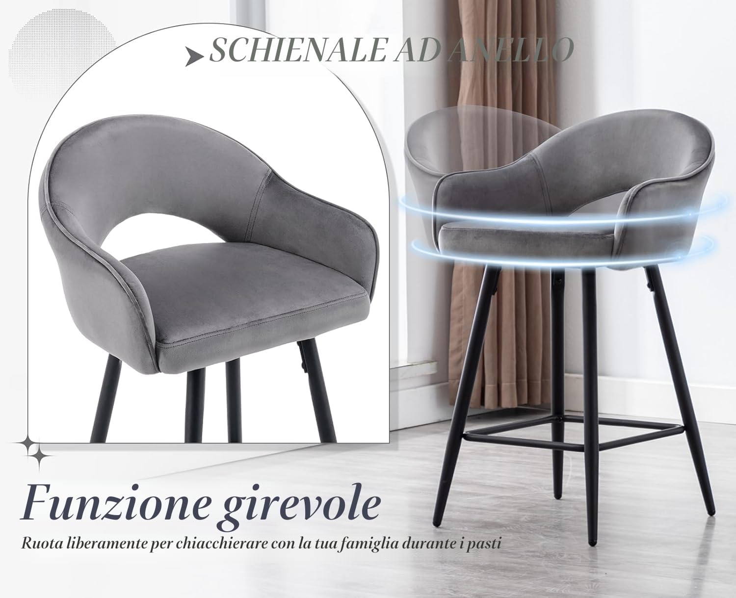 chairus Set di 2 Sgabelli da Bar in Velluto Sgabelli Cucina Sgabelli Alti Sgabello Girevole con Gambe in Metallo per Bancone/Cucina, Grigio