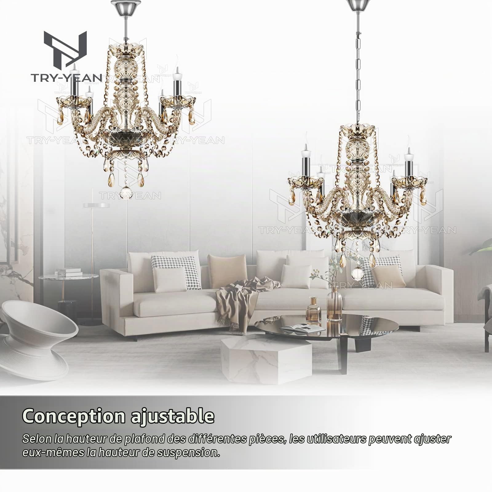 Lustre Cognac en Cristal 4 Bras Moderne Lampe de Plafond E14 Lustre Cristal K5 Suspension Pampilles 56cm avec Chaîne Réglable pour Salon Chambre Entrée De Couloir