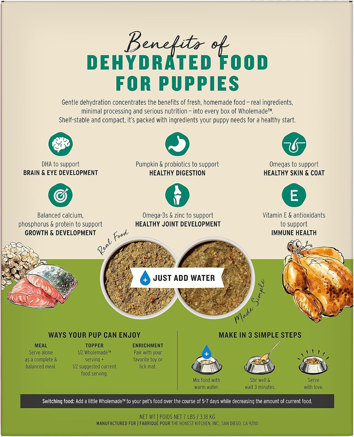 The Honest Kitchen Human Grade Wholemade Whole Grain Chicken & Salmon Dehydrated Puppy Dog Food, 7lb Bag (Makes 28lbs)