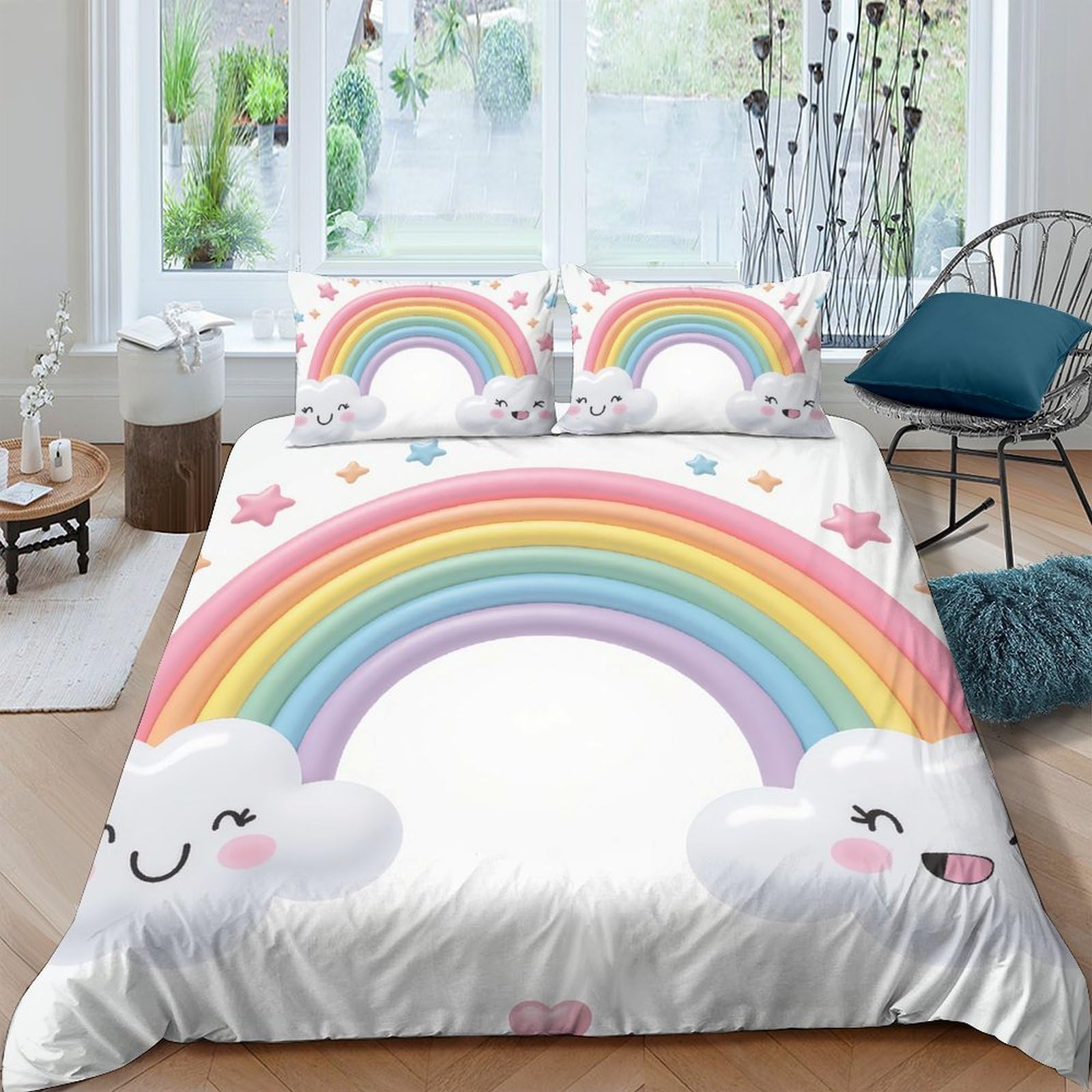 Ctjqhvkz Style-9 3D Printed Rainbow Cloud Fitted Sheet Microfiber Soft Pastel Star Mattress Cover For Bedroom Guest Room Decor Single（135X200cm）