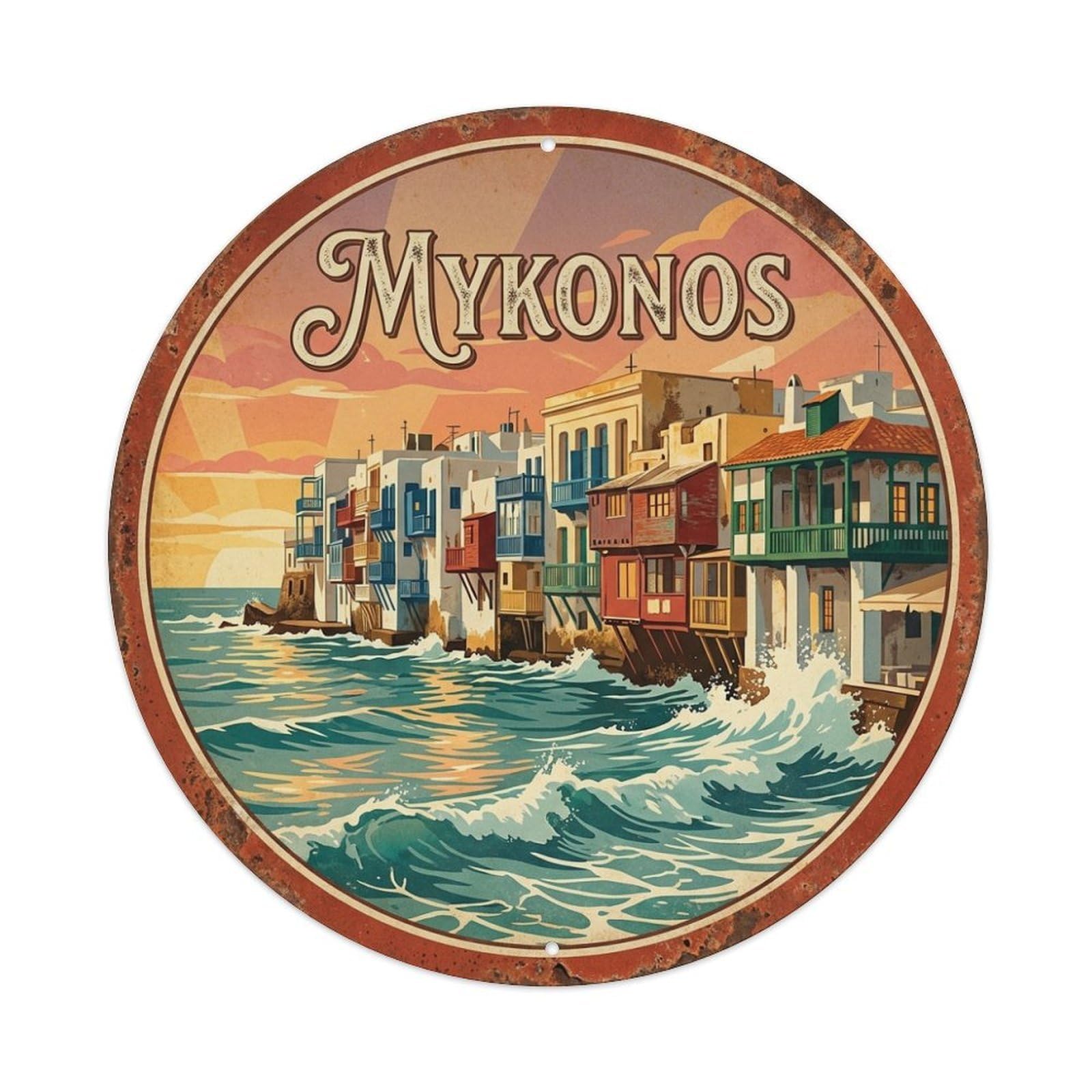 Retro Mykonos Little Venice Waterfront Coastal Travel Metal Tin Sign