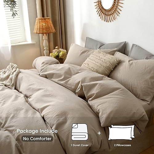 Miniatura 8 de MooMee  Juego de funda de edredón 100% algodón lavado, textura parecida al lino, transpirable, duradero, suave y cómodo (verde bosque, King)