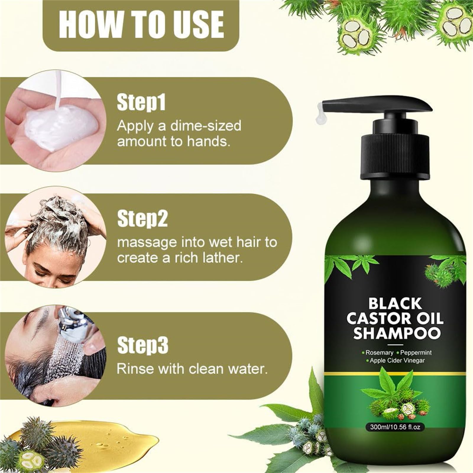 Champú de aceite de ricino negro, champú suavizante con control de aceite, repara el cabello seco dañado, da volumen para cabello fino, reduce el encrespamiento, mejora el brillo (2pcs)