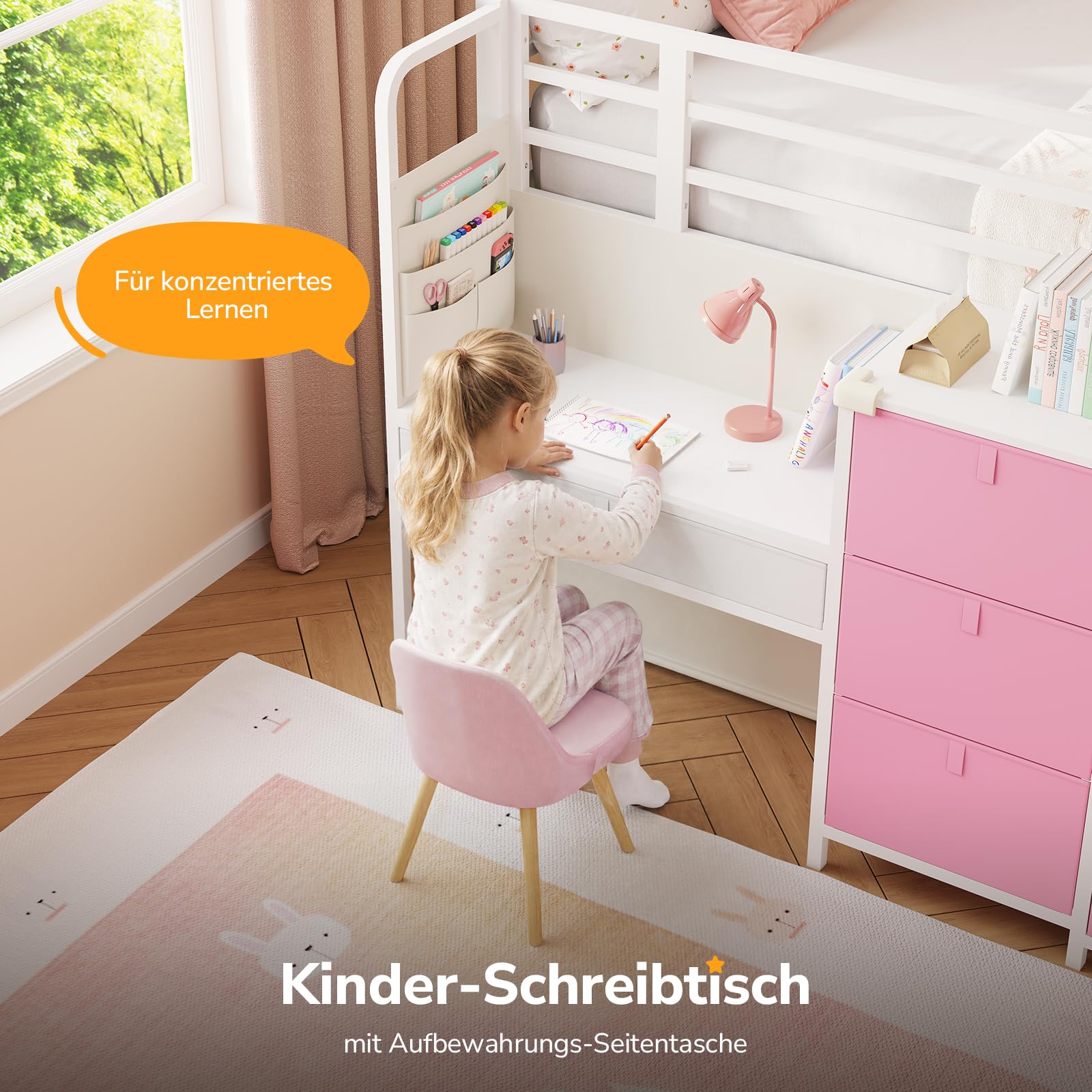 Letto a soppalco per bambini, 90 x 200 cm, bianco e rosa