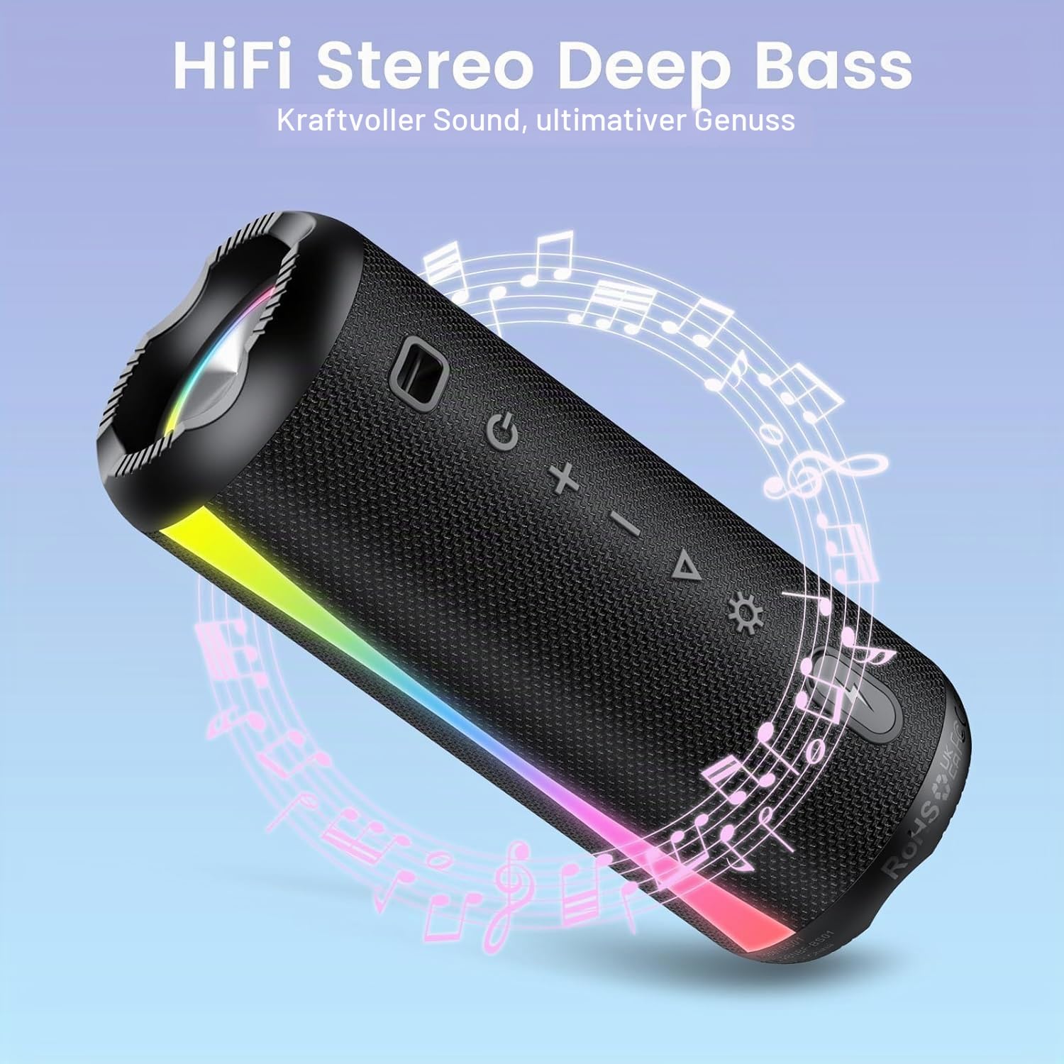 Bluetooth Lautsprecher, Musikbox Bluetooth 5.4 mit RGB Lichter, Bluetooth Box Freisprechfunktion für Phone, IP7 wasserdicht, 20h Akku, Enormer Bass mit Dualen Bass-Treibern für Outdoor/Sport, Black