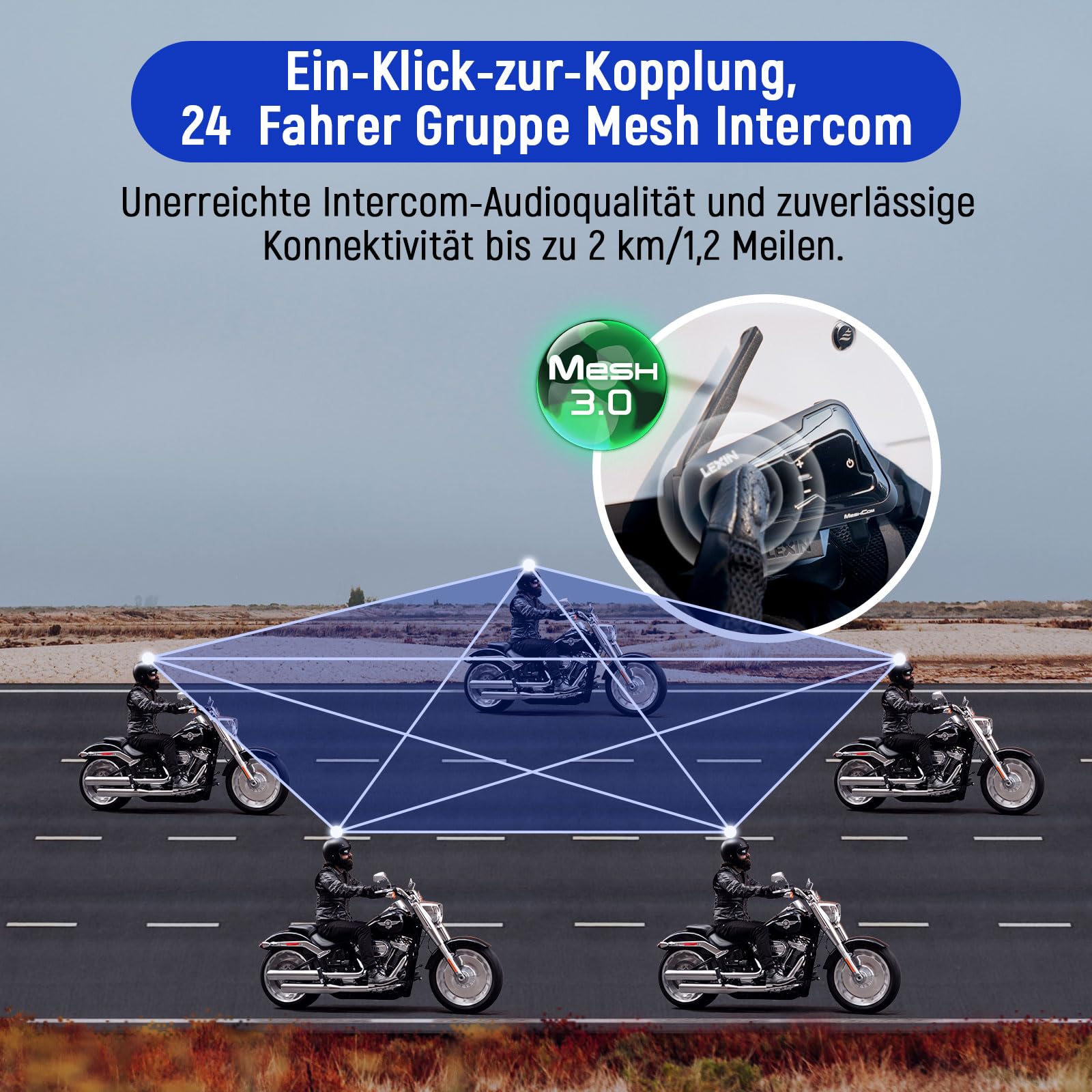 LEXIN MeshCom Bluetooth Headset für Motorrad, Helm Mesh Kommunikationssystem, CVC und DSP Geräuschunterdrückung, Audio-Multitasking Funktion, IP67 Wasserdicht, Doppelpack