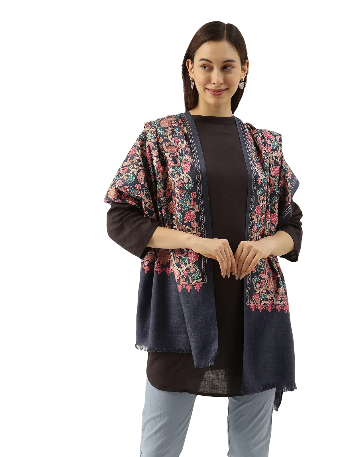 Women’s 100% Pure Wool Nalki Embroidered Stole, Shawl and Wrap, Woolmark Certified, Sustainable and Natural Fabric (Size 28x80)-image-7