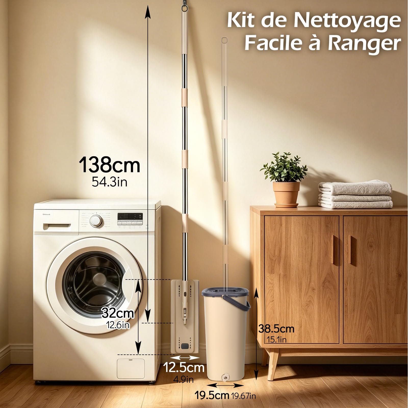 MASTERTOP Balai Serpillière et Seau Essoreur, Balai Microfibre Rotatif 360° et Seau à 2 Compartiments, Serpillière de Mains Libre pour Nettoyage de Sol, avec 6 Tampons Réutilisables (Beige)