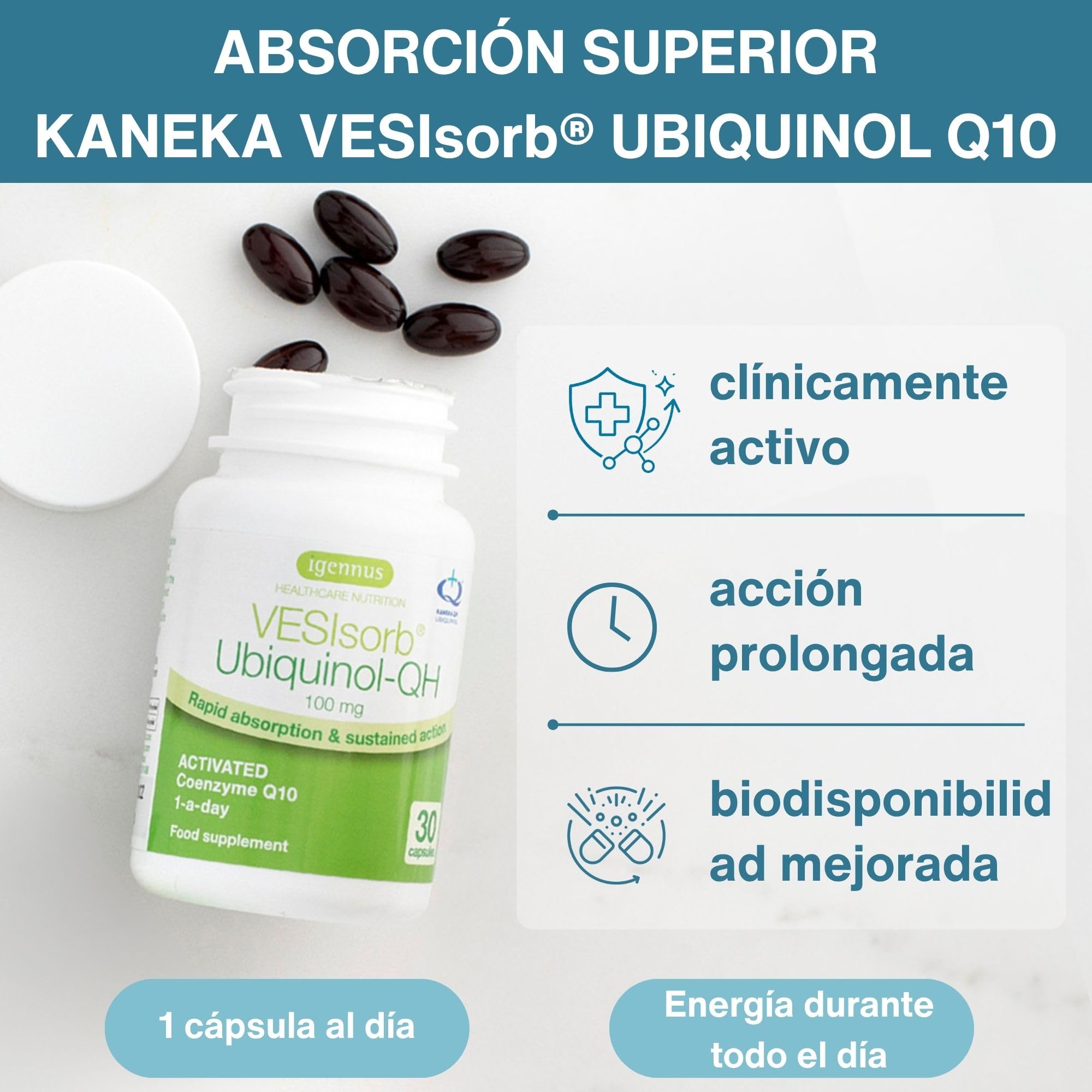 Igennus Advanced Kaneka Ubiquinol 100 mg, Sistema VESISorb, 600% de Biodisponibilidad, 30 Cápsulas Blandas, Suplemento de Coenzima Q10 Hidrosoluble de Acción Rápida para Energía, Suministro para 1 Mes