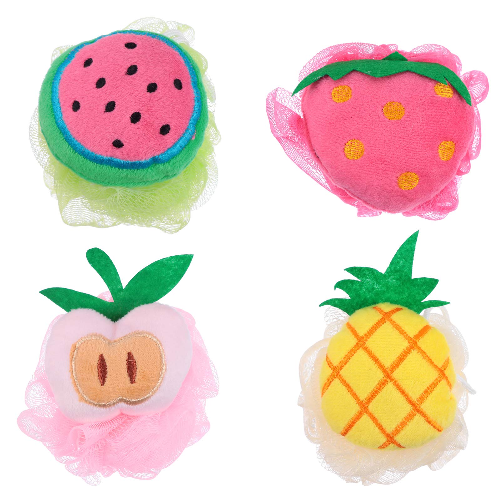 CRILSTYLEO 4 Piezas Flor de baño con forma de fruta esponja de lufa juguete de baño mini juguete esponja bebe esponjas bebe pelota de baño para niños bola de baño de dibujos animados felpa