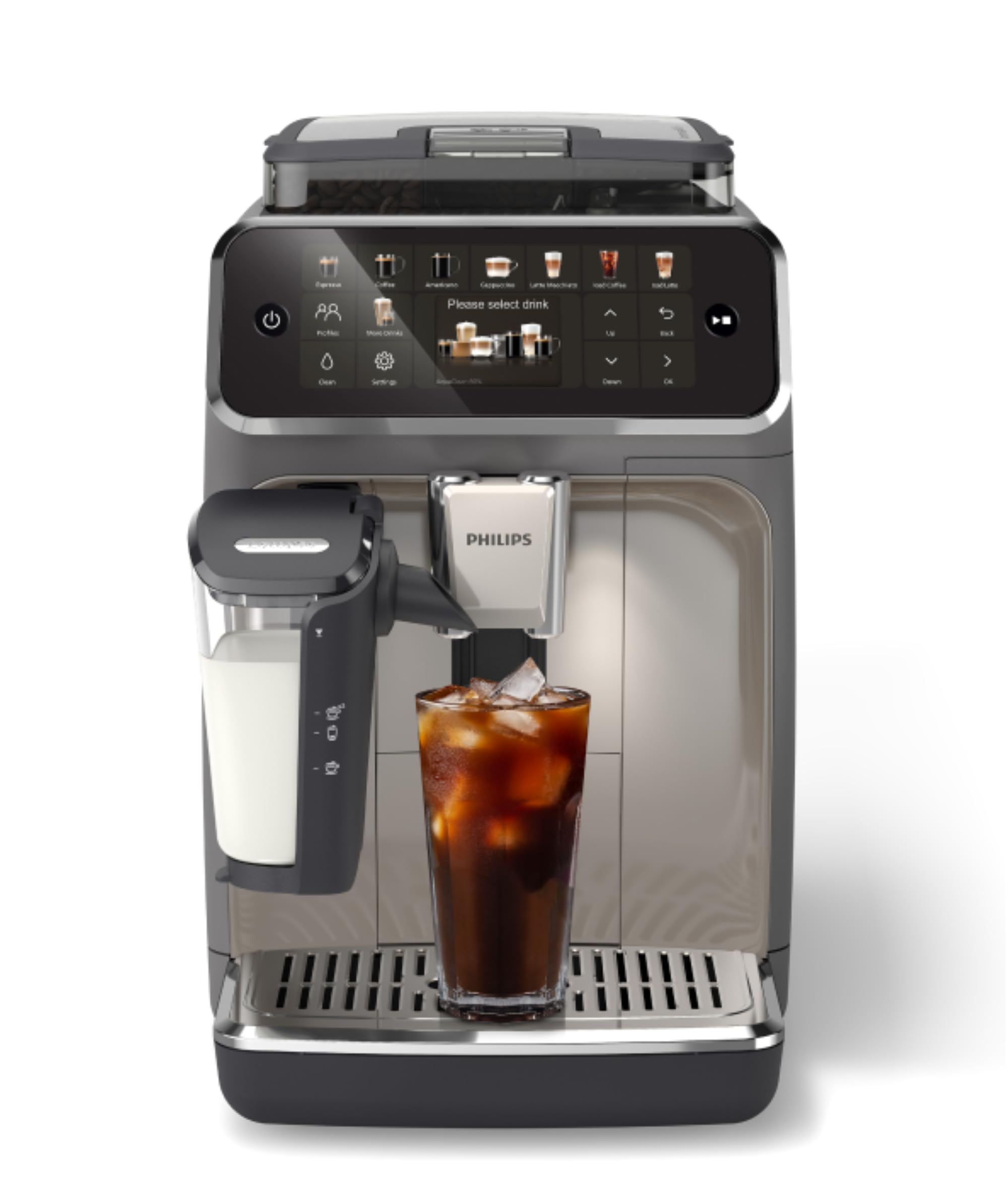 PHILIPS 5500 Series Fully Automatic Espresso Machine, LatteGo Milk System, Integrated Grinder, 20 Hot & Iced Coffee Pre-Sets, Quick Start, SilentBrew, 15-Bar Pressure, Grey Chromed (EP5544/90)
