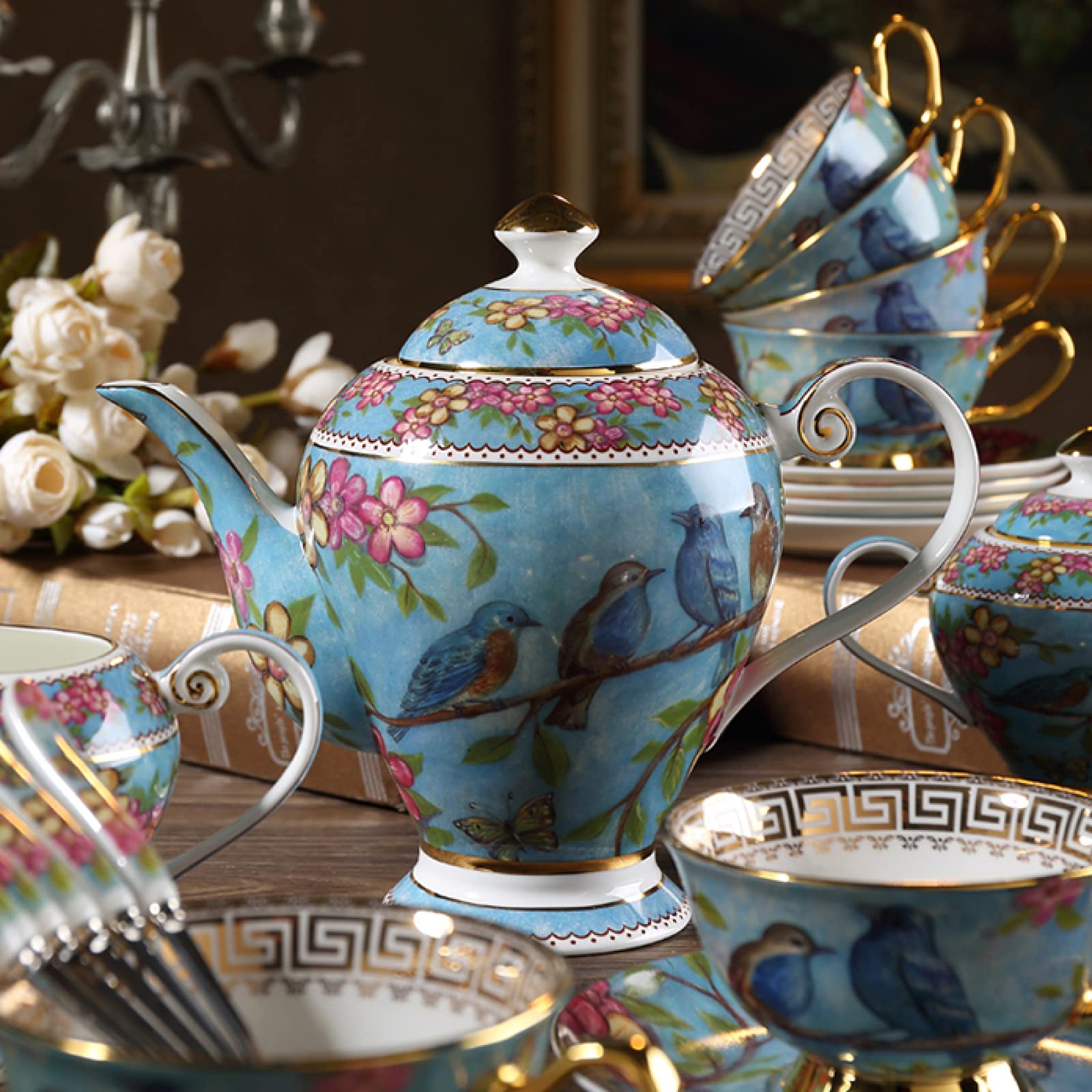 Zestaw Do Herbaty 21 Elementów, Zestaw Filiżanek Do Kawy, Zestaw Prezentowy Z Filiżanką I Spodkiem Z Porcelany Kostnej, Puszka Na Cukier, Puszka Na Mleko, Łyżeczka, Styl Rustykalny