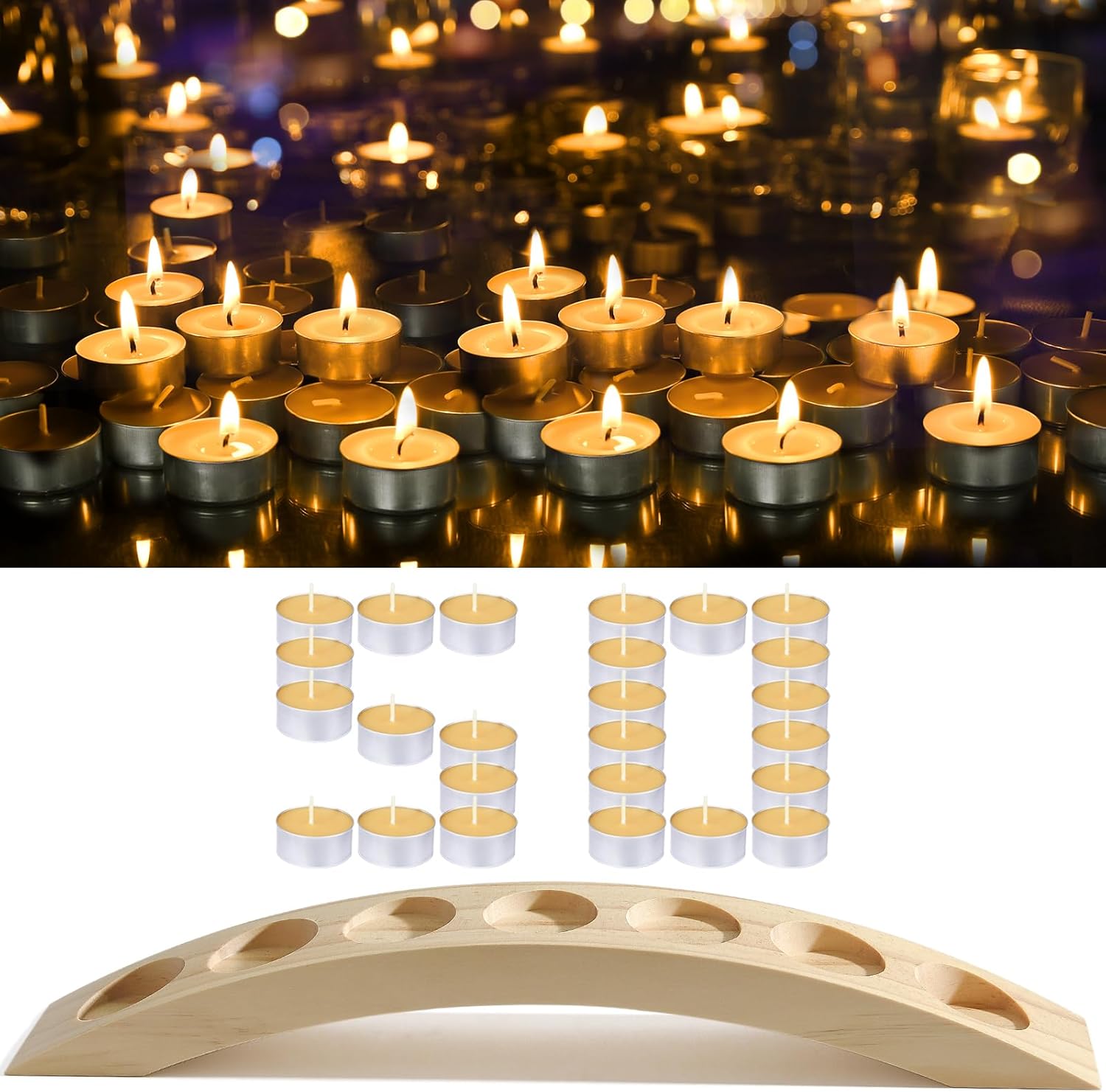 50 Tealights+1 Wooden Candle Holders