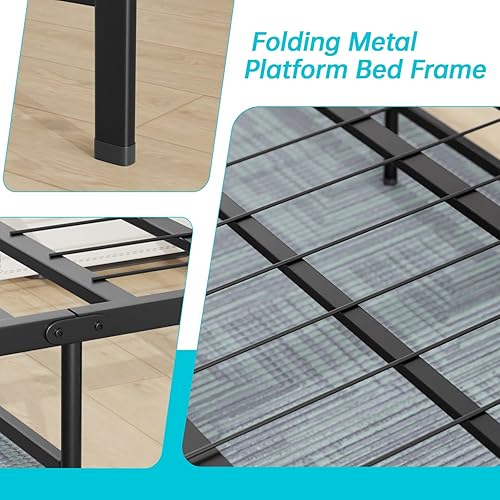 Miniatura 28 de Marco de cama de metal corto Queen con plataforma de metal plegable, listones de acero recubiertos duraderos con instalación sin herramientas, sin