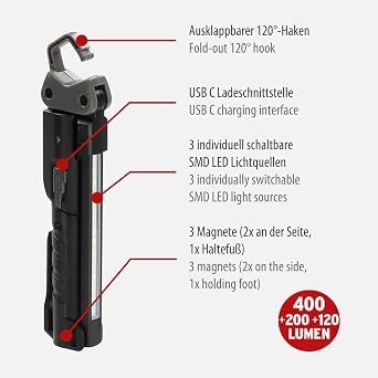 Brennenstuhl HL 400 AC/LED pilli atölye lambası, entegre pilli (400 lm, 3 ayrı açılıp kapatılabilir ışık kaynağı, katlanabilir, maksimum 6 saat, USB C şarj kablosu dahil) [Enerji Sınıfı F]