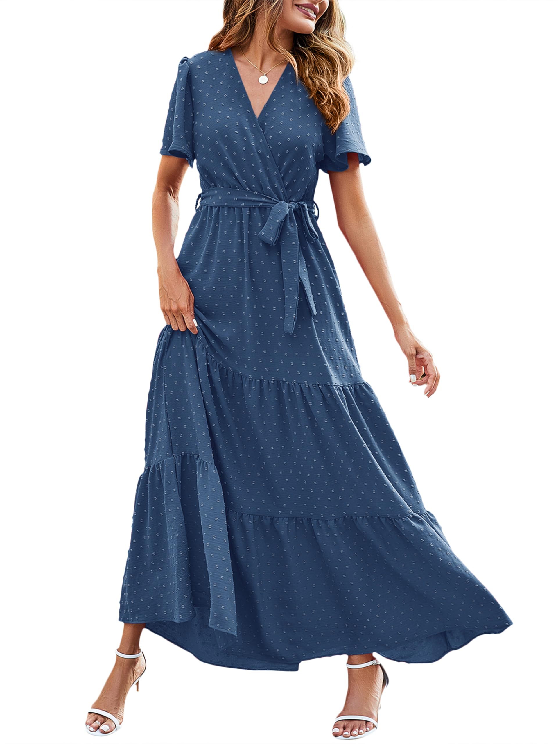 MASCOMODA Boho Floral Swiss Dot Summer Maxi Dresses for Women Wrap V Neck Short Sleeve Long Flowy Church Wedding Guest Dress