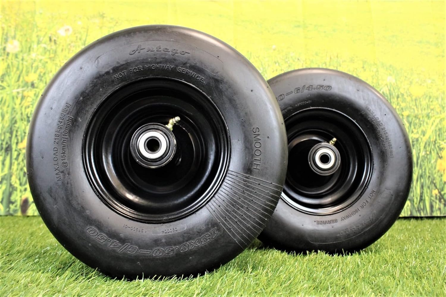 (Set of 2) 13x6.50-6 Semi-Pneumatic Flat Free Smooth with 6x4.5 Black Wheel Assembly