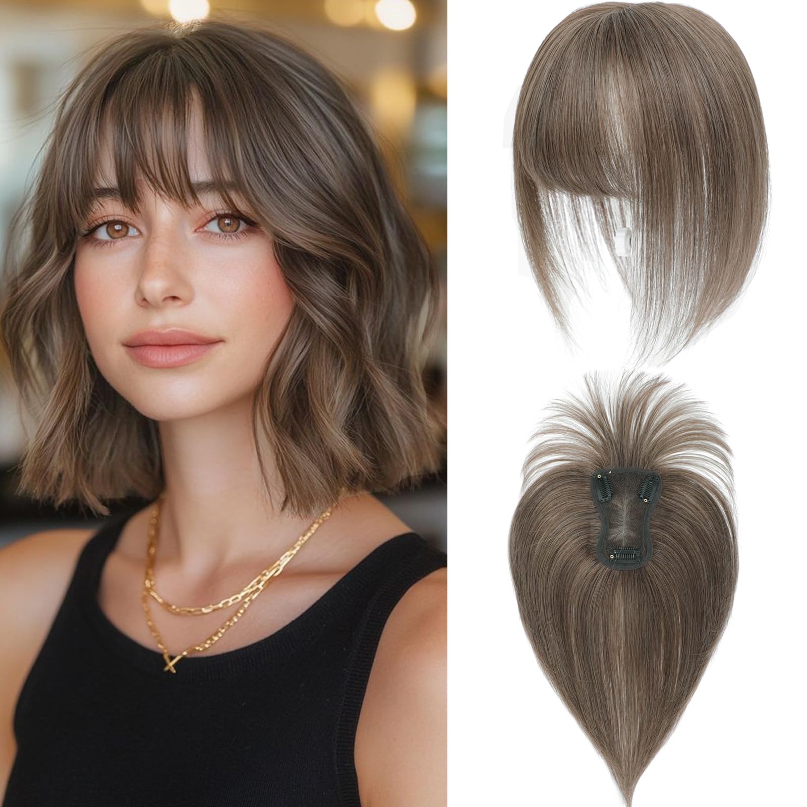 Hair Toppers for Thinning Hair Toppers for Women Real HumanHair Topper with Fringe HairPieces for Women with ThinningHair Swiss Base10Inch(Medium Auburn Brown)