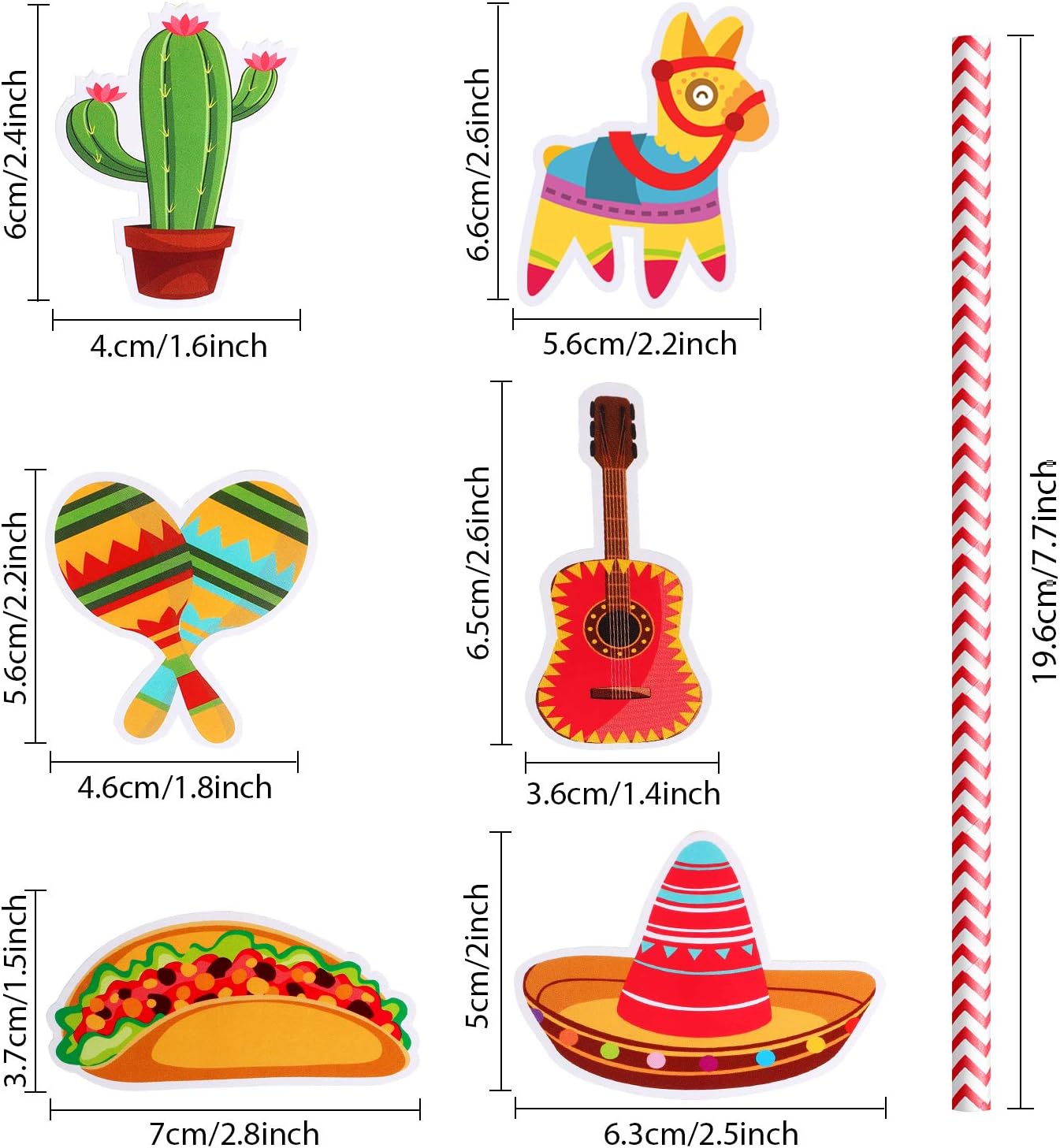 Blulu 72 Pieces Mexican Themed Fiesta Birthday Taco Tuesday Party Decorations Paper Striped Straws Cupcake Cake Toppers Party Supplies for Hawaiian Parties, Photo Props, Carnivals Festivals, Wedding - Image 3