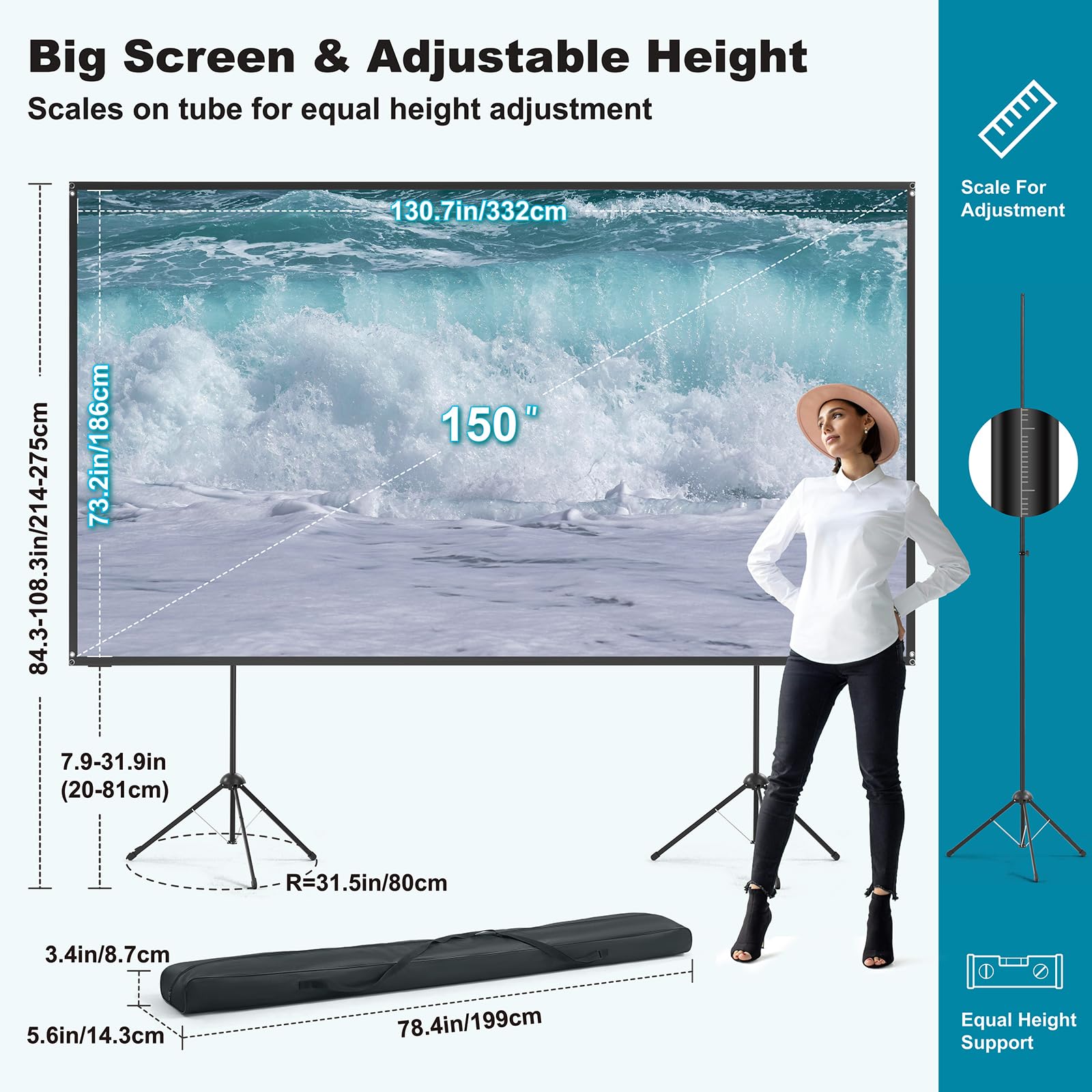 Beamer Leinwand Outdoor mit Stativ, 150 Zoll (16:9), Tragbar Projektor Leinwand, Windresistente Projektionsleinwand, Fiberglas, Stabiler Rückhalt, Stativ-/Wandmontage, für Gartenpartys, Heimkino.