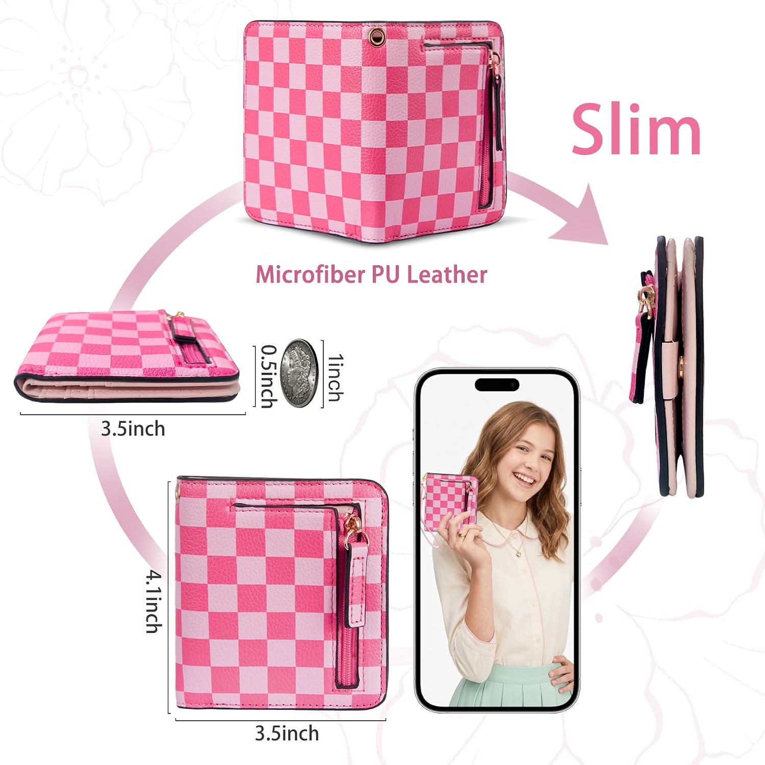 COSHAYSOO Pink Checkered Wallet RFID Slim Bifold for Teen Girls with Wristlet Keychain, Pink Small Wallets Birthday Travel Gifts for College Teenager image 3