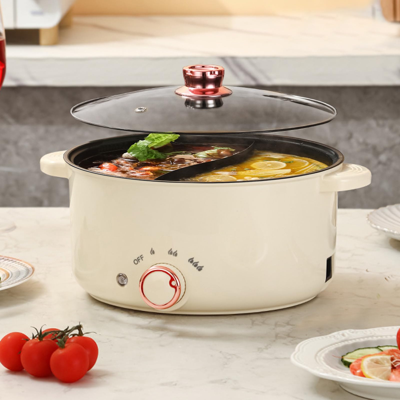 Hot Pot électrique de 3,5 L, Casserole électrique avec séparateur 1000W, Trois réglages de puissance Antiadhésif Poêle polyvalente Soupière rapide pour frire Ramen Fondue Soupe