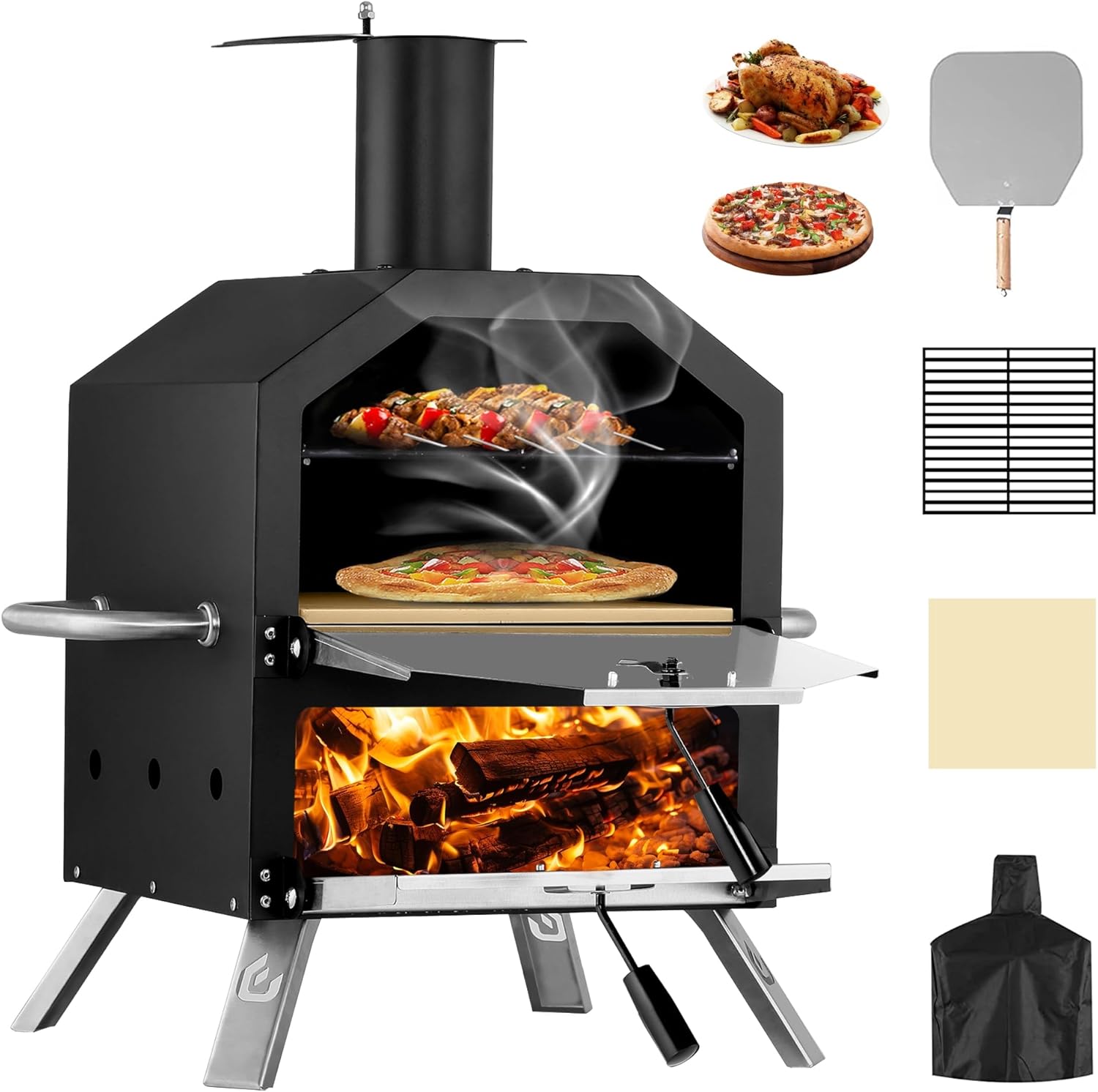 PIZZELLO Outdoor Wood Fired Pizza Maker 2-Layer with Pizza Stone, Peel & Rack - Waterproof Cover & Folding Legs for Camping, BBQ & Gifts (26 Inch)