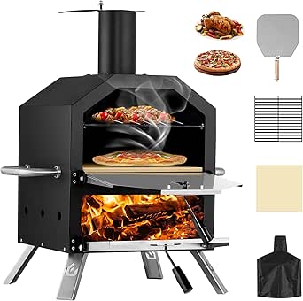 PIZZELLO Outdoor Wood Fired Pizza Maker 2-Layer with Pizza Stone, Peel &amp; Rack - Waterproof Cover &amp; Folding Legs for Camping, BBQ &amp; Gifts (26 Inch)