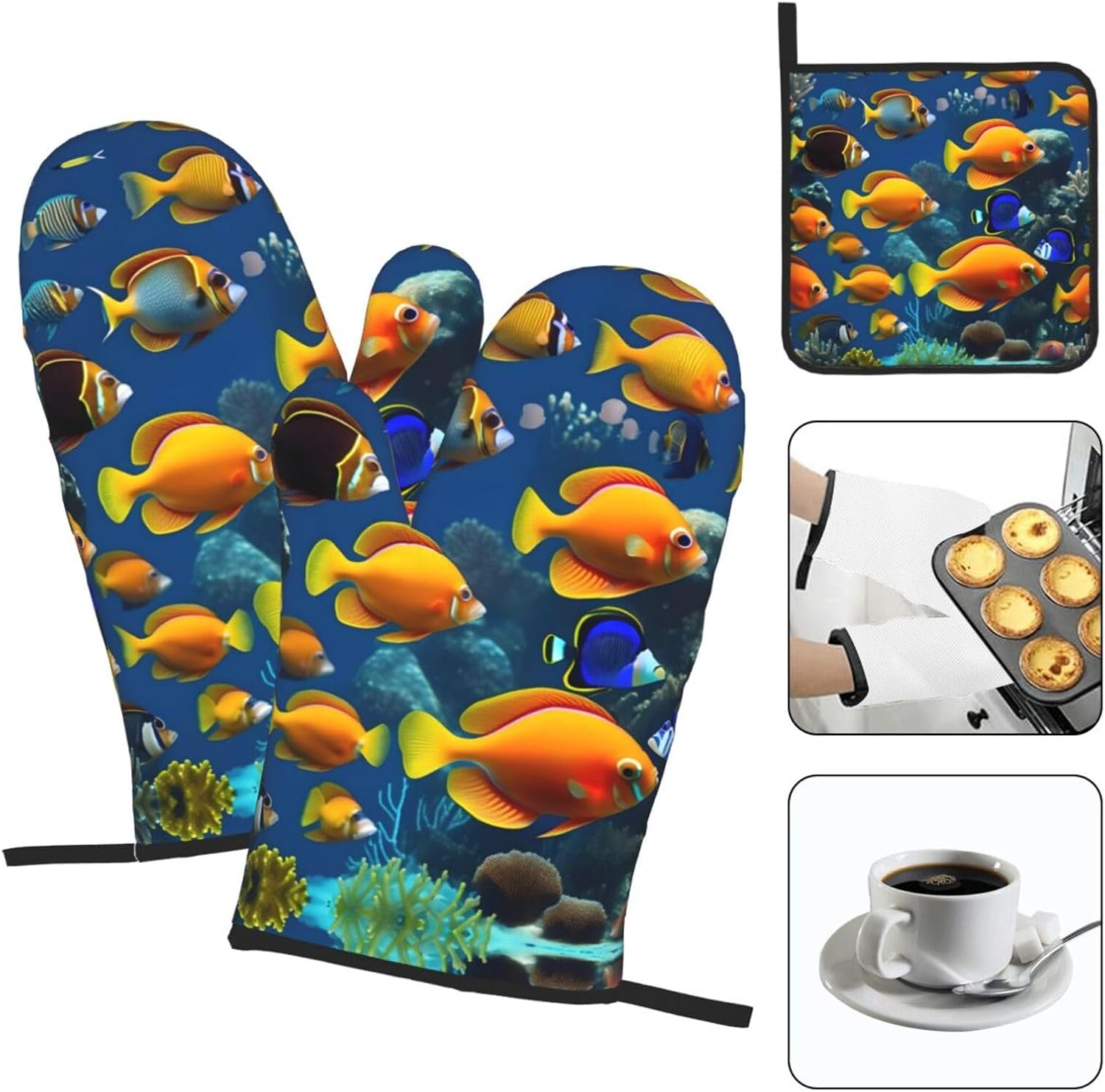 The Underwater World Tropical Fish Print Heat Resistant Microwave Gloves, Used for Baking, Cooking, and Fashion Kitchen Essentials