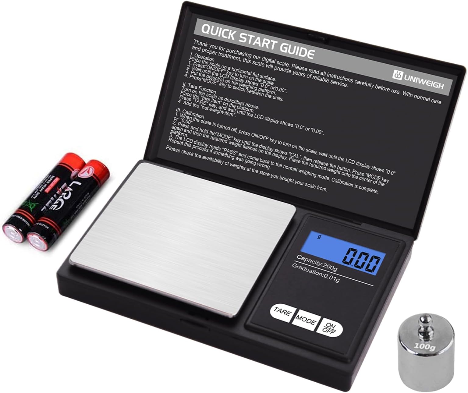 UNIWEIGH Digital Gram Scale,200g 0.01g/0.001oz Weight Scale Gram and Ounce,Electronic Smart Mini Pocket Scale with 100g Calibration Weight,for Grain,Gold,Jewelry,Power,LCD Display, Tare, Auto Off