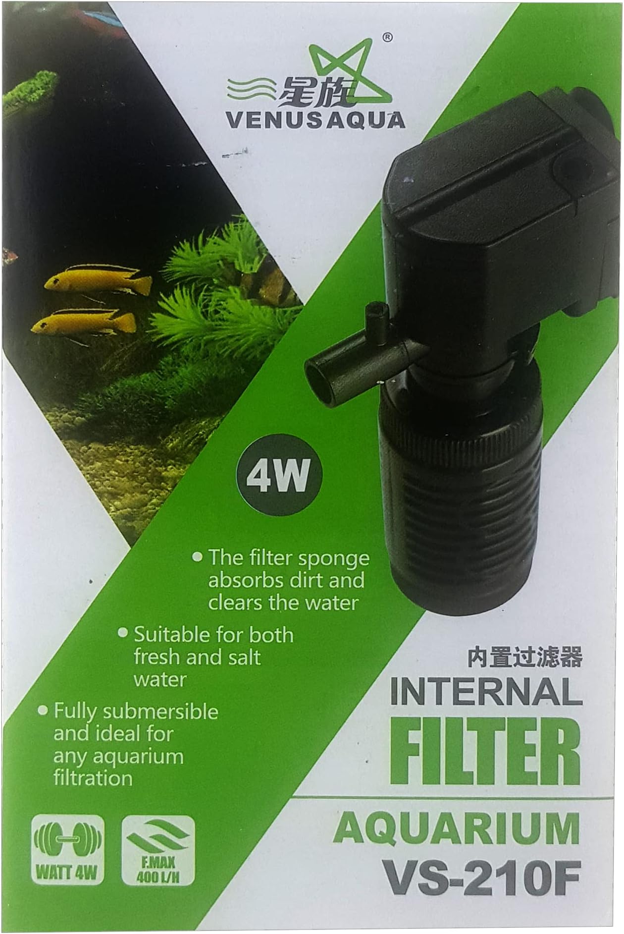 VENUS AQUA VS-210F Aquarium Internal Filter Suitable for Small Mini Tank (10-20 Litre) (Power: 4W, Flow MAX: 400 L/H)