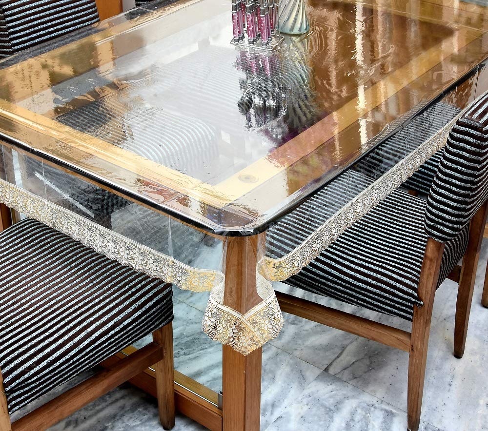 GAURANG PVC 6 Seater Transparent Dining Table Cover with Golden Lace Dinning Table Mat 6 Seater Glass Dinner Set Transparent Table Cover Sheet Plastic Table Covering for Glass 1