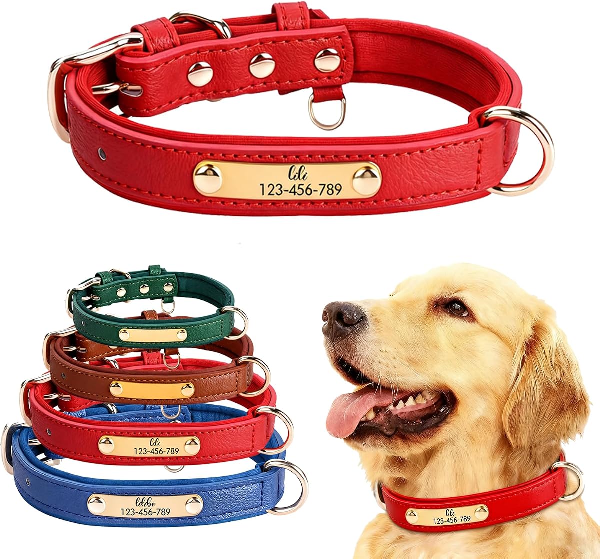 Collar de cuero personalizado para perro con placa de identificación grabada