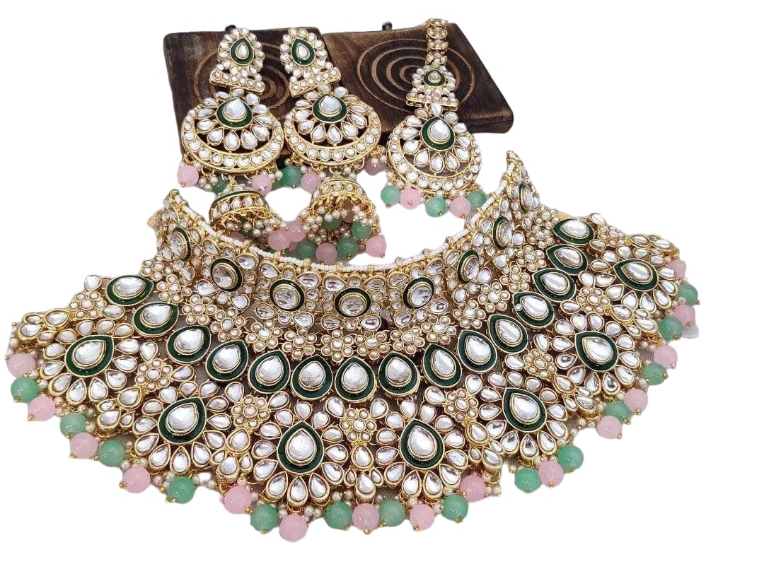 Premium Bridal Jewelry Set - Necklace, Earrings, Maang Tika (Pink & Green) (B0DBM4STMV) Amazon Price History, Amazon Price Tracker