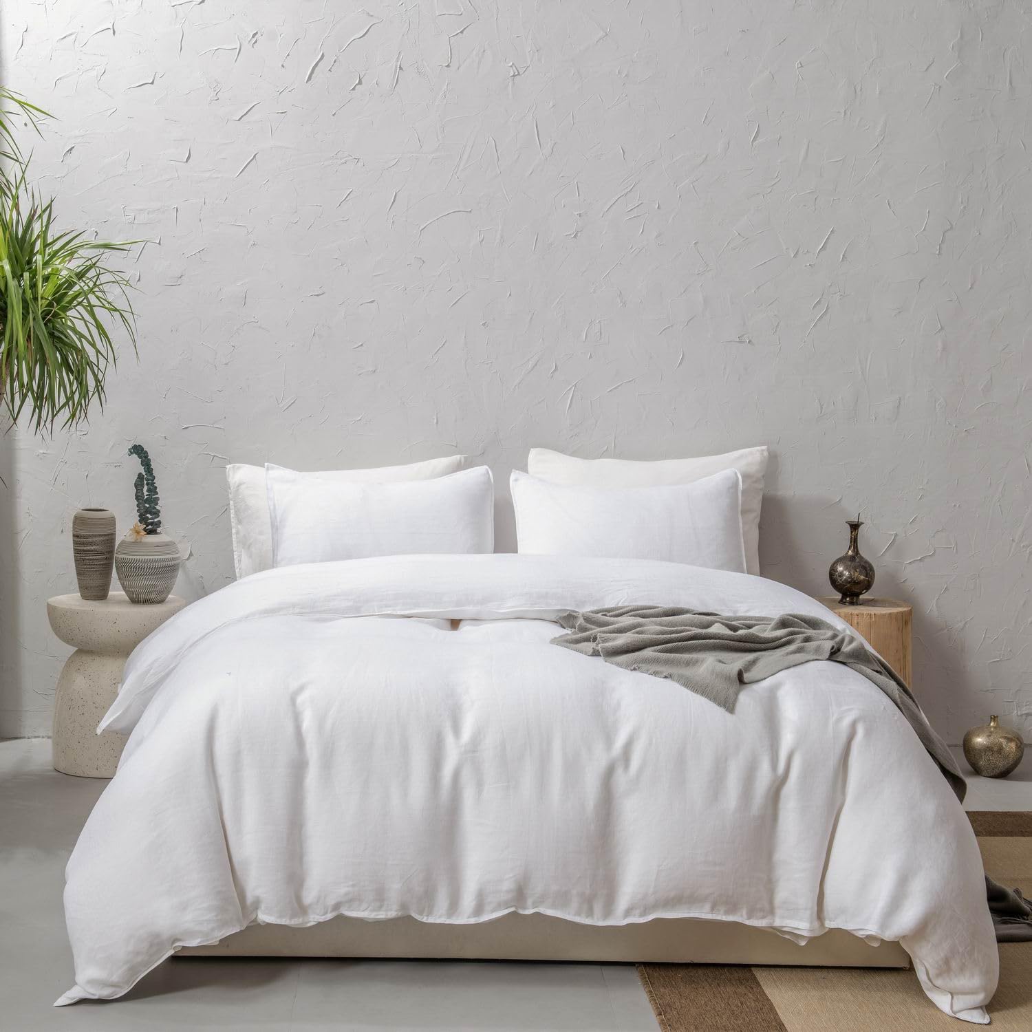 meadow park Stone Washed French Linen Duvet Cover Set 3 Pieces - Super Soft, Queen Size - 90 inches x 92 inches -Shams 20 inches x26 inches, Basic Style, White Color-image-4