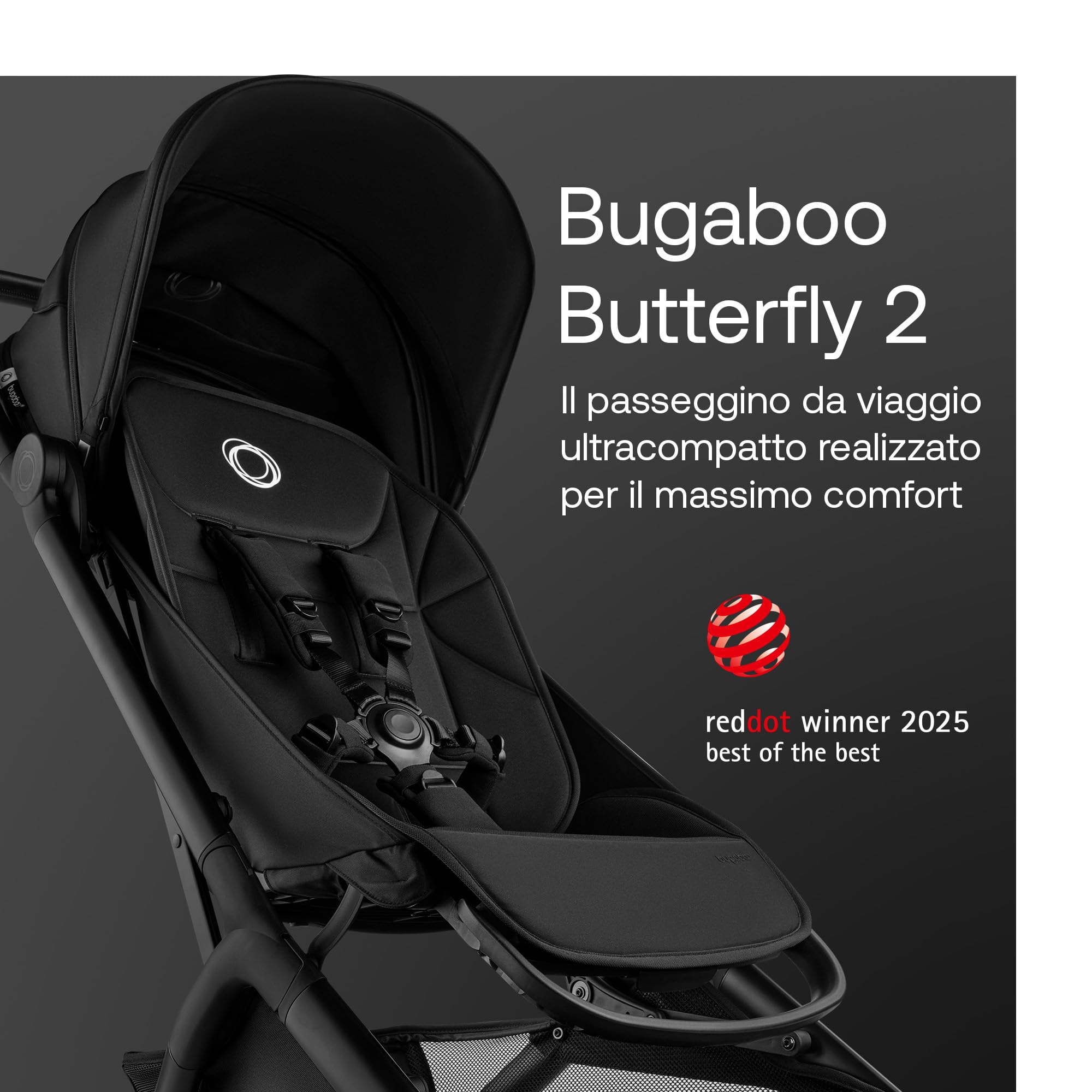 Bugaboo Butterfly 2 Passeggino da Viaggio – Sistemi Modulari con Maniglione e Parapioggia – Leggero, Piegabile con Una Mano, Seduta Reclinabile, Da 6 Mesi a 4 Anni – Heritage Black
