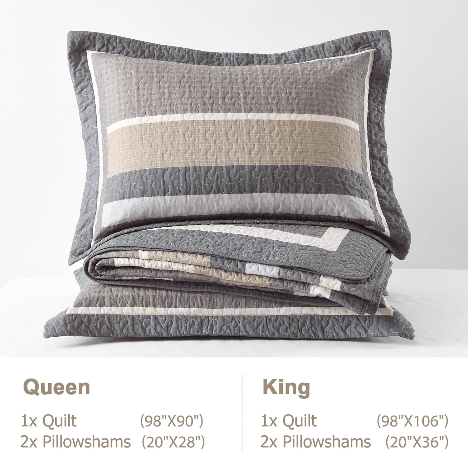 Finlonte King Size Quilt Set, Farmhouse Striped King Comforter, Cotton Quilted Bedspread, Gray Beige Cream Taupe Lightweight Reversible Quilt Bedding Set for All Season, 3-Piece - Image 6