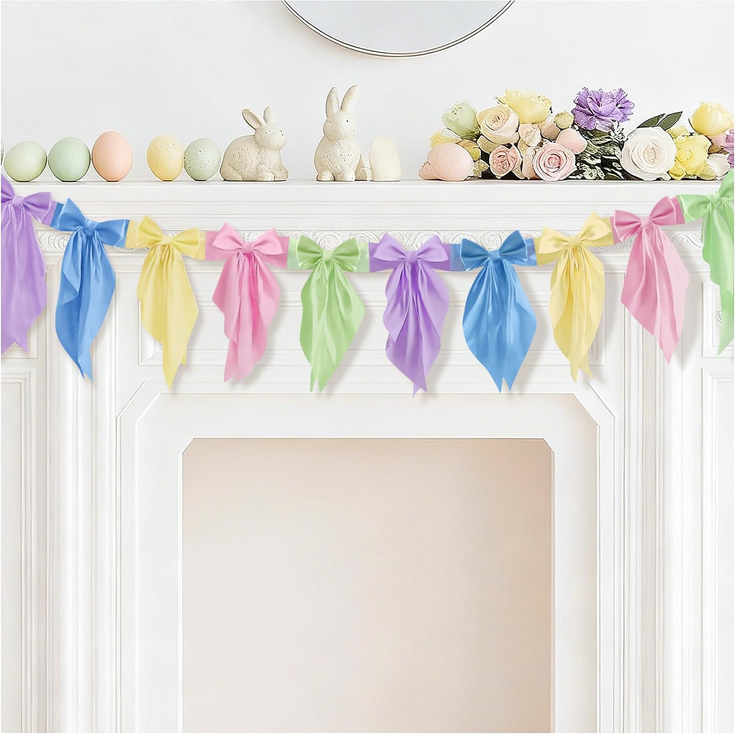 1 Pcs White Pink Bow Garland Banner – Elegant Hanging Satin Ribbon Bow Banner Decorations for Baby Shower, Wedding, Birthday, Engagement, Bridal Shower or Christmas Party Decor