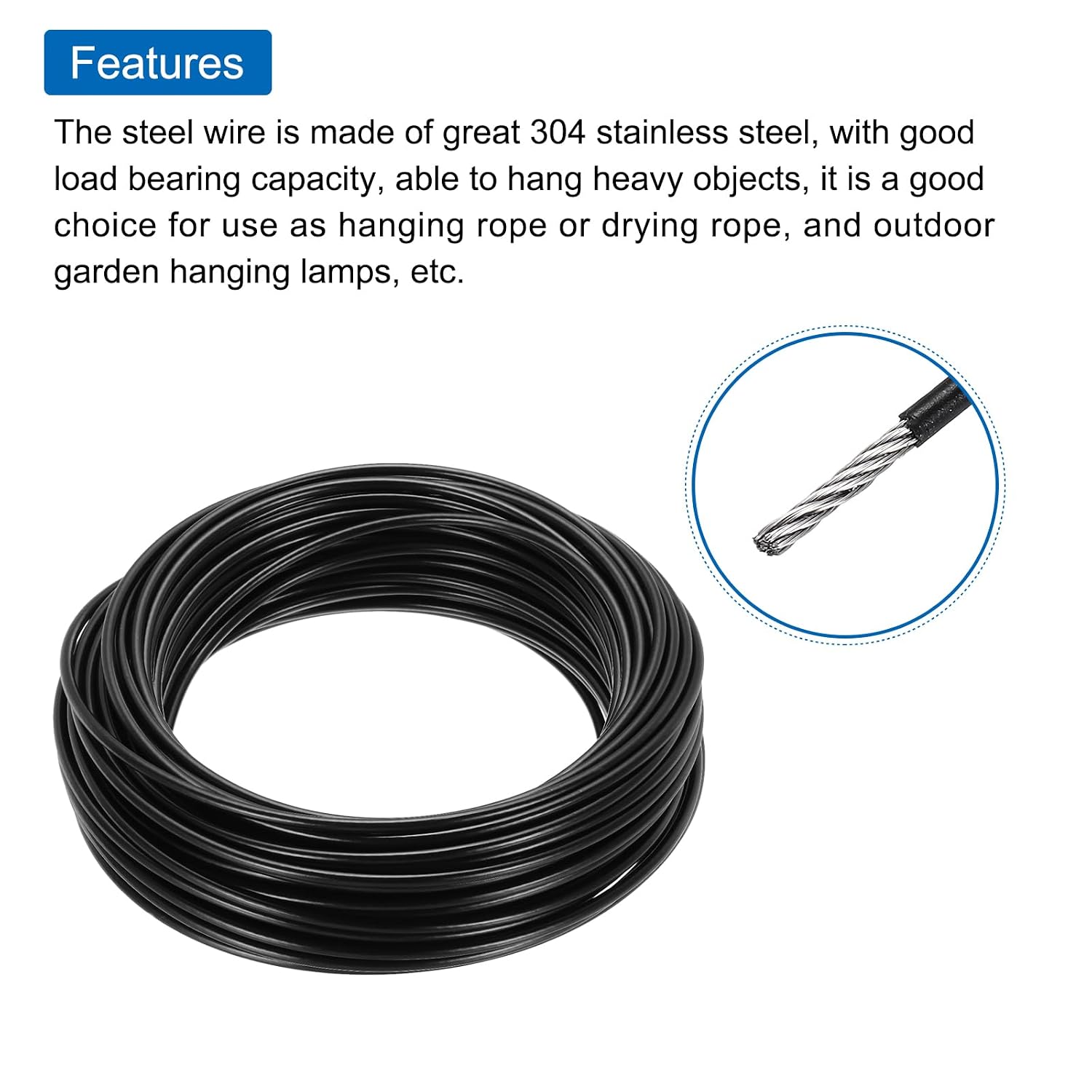MECCANIXITY 66FT Stainless Steel Cable Railing Kit, 1/8" Vinyl Coated 7x7 Strand Wire Rope with Loop Sleeves and Thimbles for Outdoor Deck Fence Wire & String Light,Picture Hanging,Black