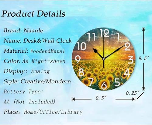Miniatura 2 de Naanle Reloj de pared redondo con estampado de campo de girasol y amanecer en 3D, 9.5 pulgadas, funciona con pilas, analógico, silencioso, de