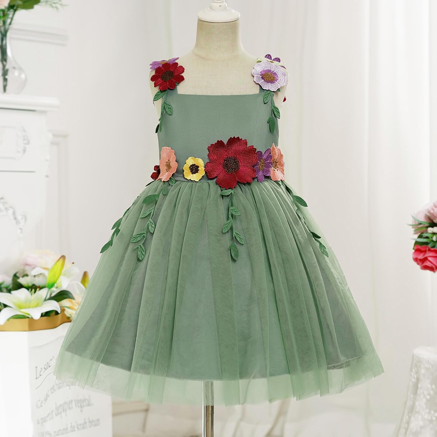 IBTOM CASTLE Flower Girl Dress Toddler Formal Pageant Birthday Party Spaghetti Straps 3D Flower Embroidery Tulle Tutu Dresses