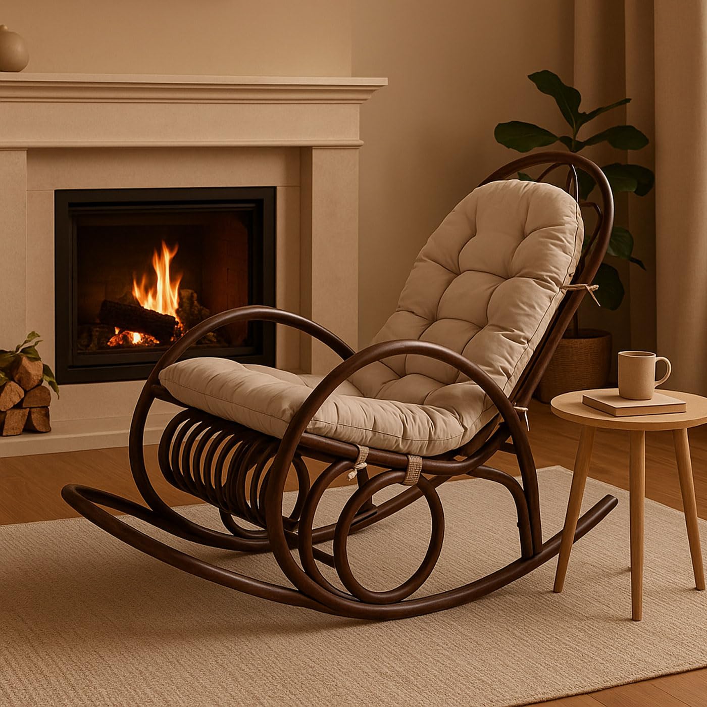 Schaukelstuhl HWC-C40, Schwingsessel Rattansessel, braun - Auflage creme