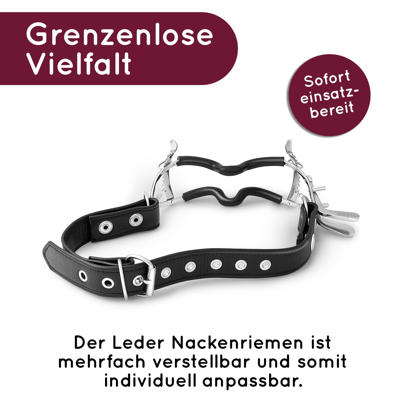 Mundspreizer für Sex aus Stahl mit Zahnschutz und verstellbarem Nackenriemen – stufenweise einstellbar per Ratschenmechanismus, max. 5 cm Öffnung, Bondage BDSM Zubehör für Paare (MS2)