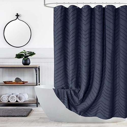 TURKIO Navy Blue Fabric Shower Curtain Boho Tufted Chevron Striped Textured Cloth Curtains for Bathroom Farmhouse Shabby Chic Waterproof Set with Hook, Wrinkle Free
