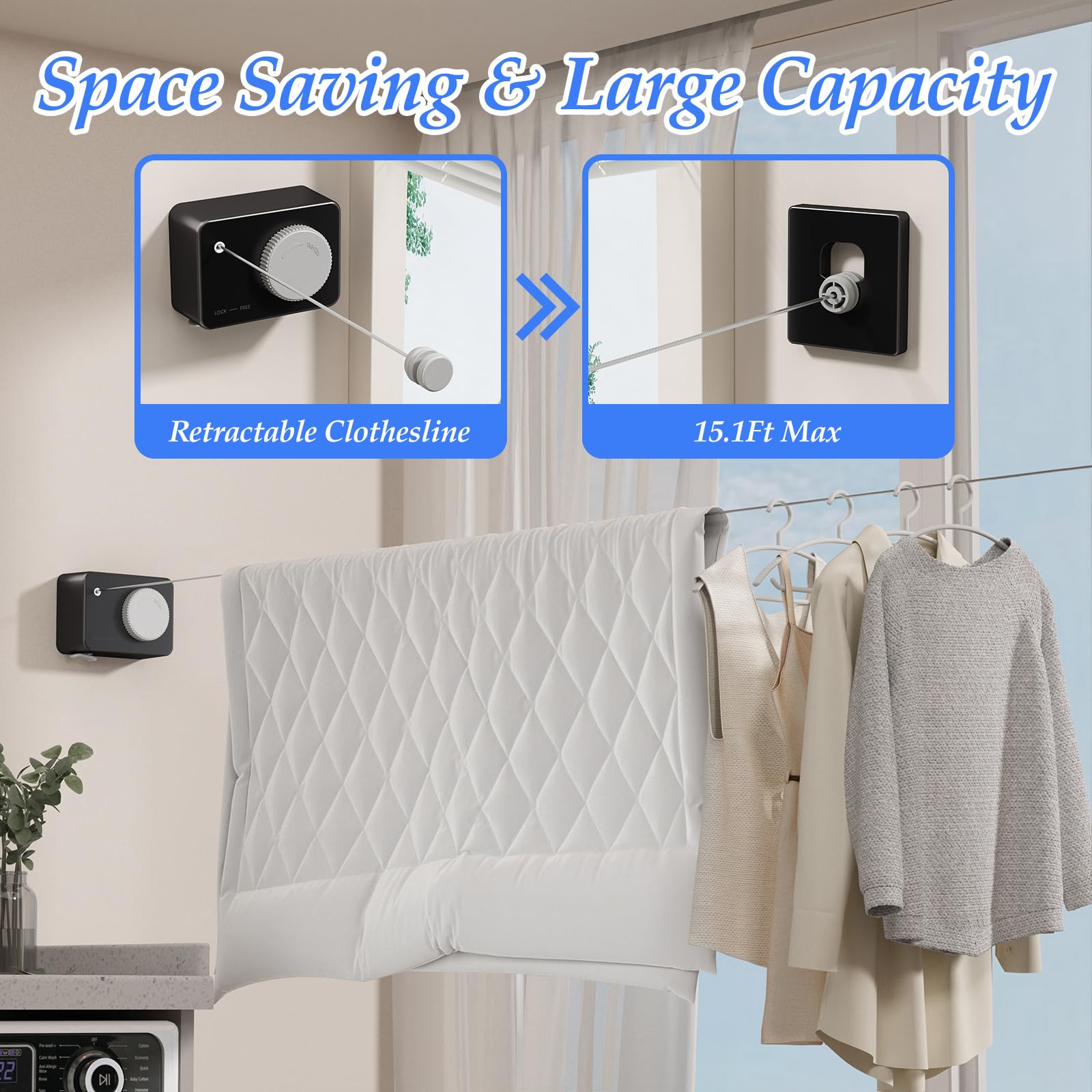 Danpoo Retractable Washing Line Outdoor, Wall Mounted Clothes Lines for Outside Extendable Washing Line Indoor,Black - Image 3