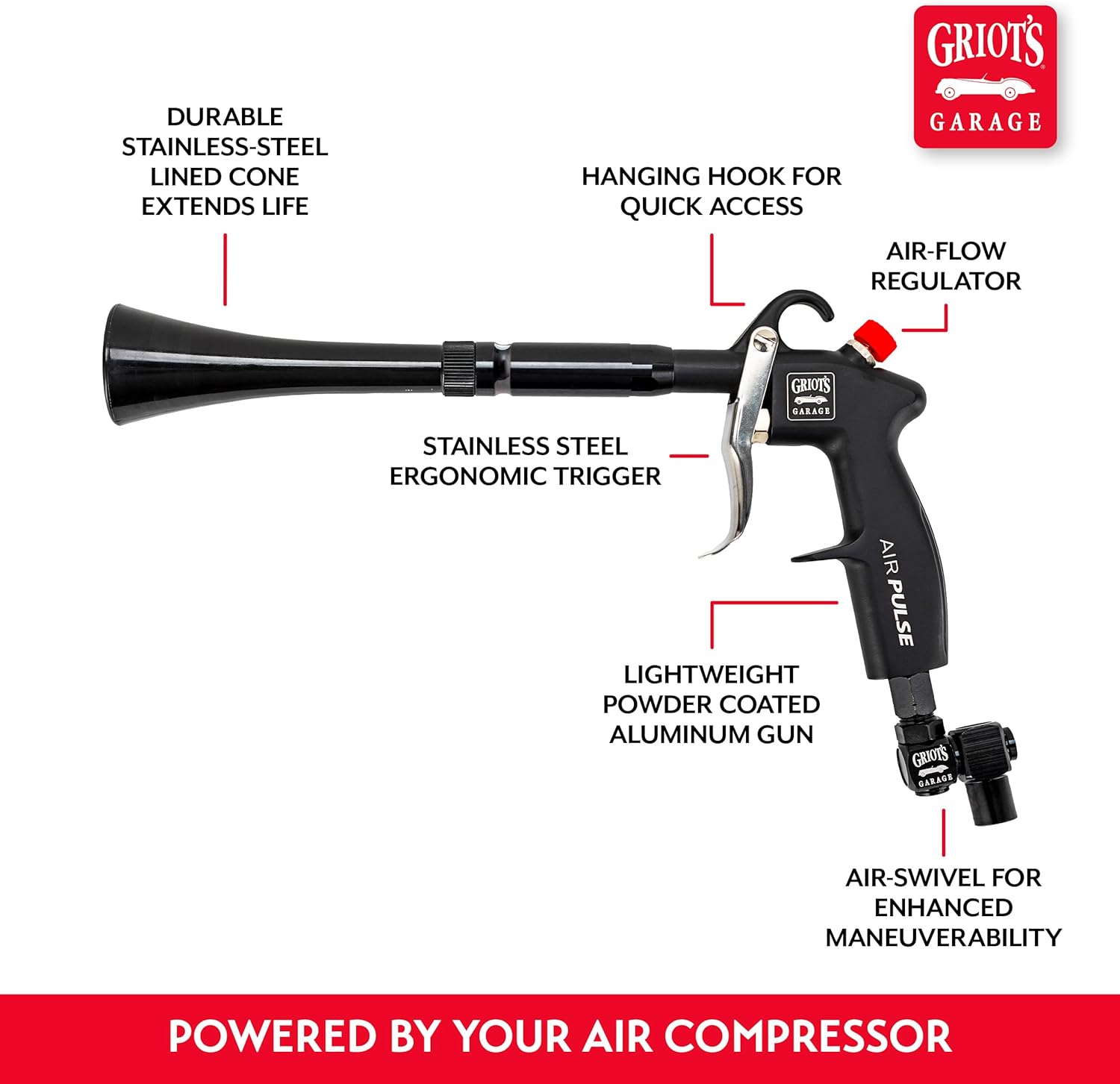 Griot's Garage Air Pulse Blow Gun 2.0 – High-Pressure Pneumatic Cyclonic Cleaner and Dryer Tool for Car Detailing, Interior and Exterior Surfaces, and Buffing Pads, 90656